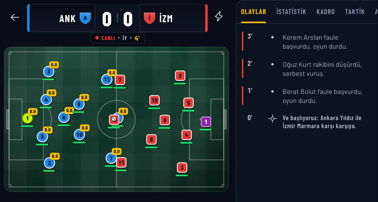 Live match: 2D pitch and match feed